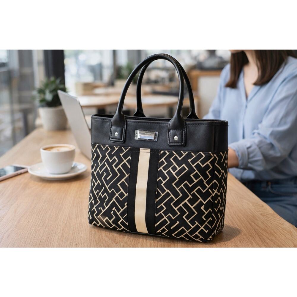 Tommy Hilfiger Tote Bag Black Monogram Stripe NWOT Shoulder Handbag